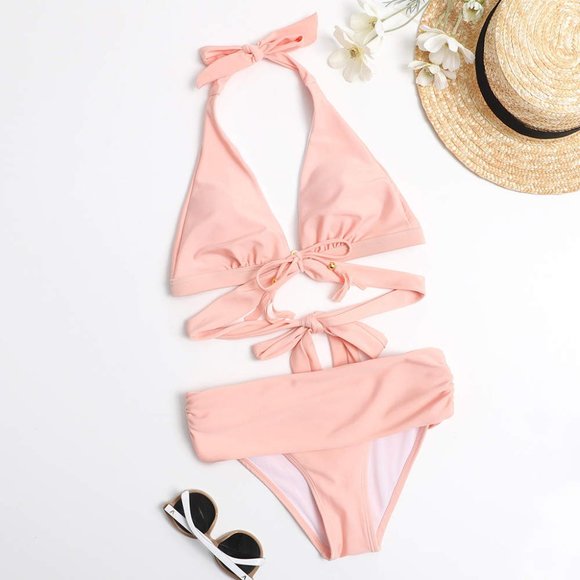 Pink Bikini Set High Rise 2-piece halter neck swimsuit - Picture 9 of 9